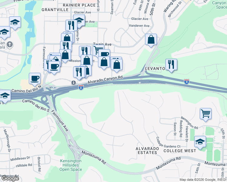 map of restaurants, bars, coffee shops, grocery stores, and more near 5648 Toyon Road in San Diego