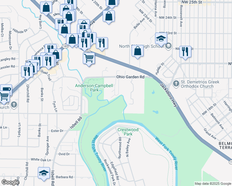 map of restaurants, bars, coffee shops, grocery stores, and more near 42 Garden Circle West in Fort Worth