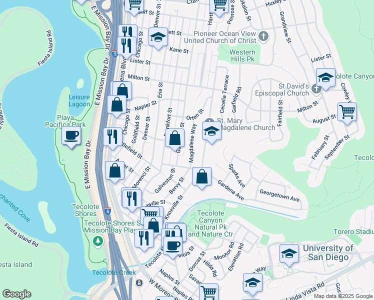map of restaurants, bars, coffee shops, grocery stores, and more near 1872 Magdalene Way in San Diego