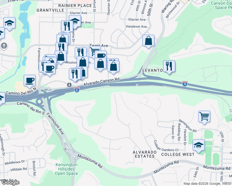 map of restaurants, bars, coffee shops, grocery stores, and more near 5648 Toyon Road in San Diego