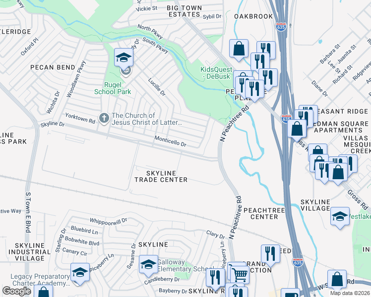 map of restaurants, bars, coffee shops, grocery stores, and more near 2300 Monticello Drive in Mesquite