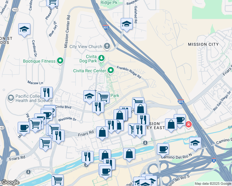 map of restaurants, bars, coffee shops, grocery stores, and more near 2460 Community Lane in San Diego