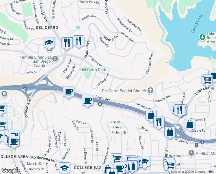 map of restaurants, bars, coffee shops, grocery stores, and more near 5634 Regis Avenue in San Diego