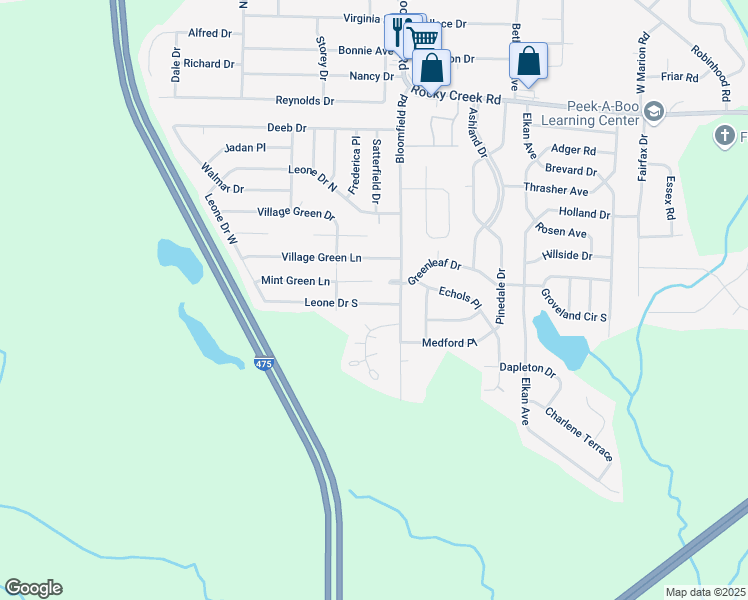 map of restaurants, bars, coffee shops, grocery stores, and more near 2637 Leone Drive South in Macon