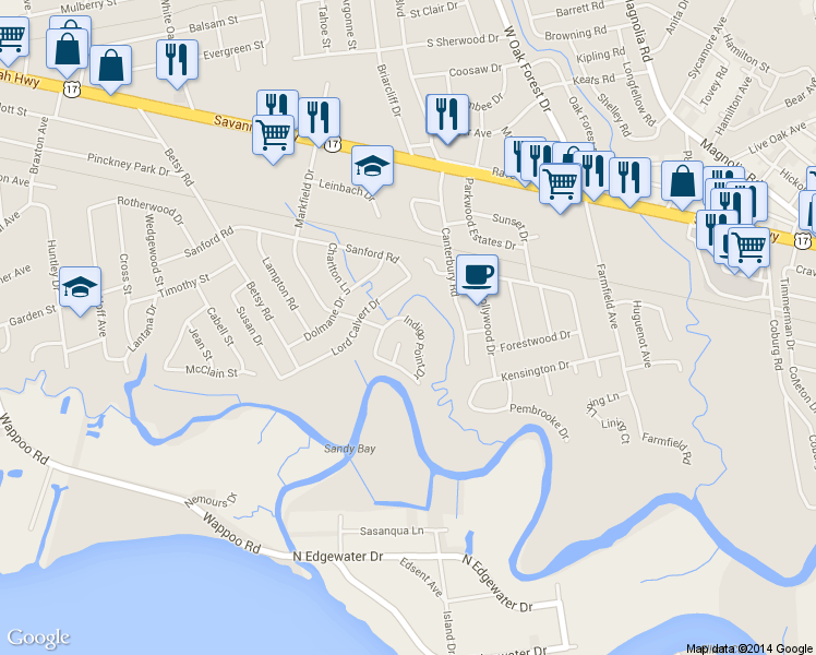 map of restaurants, bars, coffee shops, grocery stores, and more near 63 Indigo Point Drive in Charleston