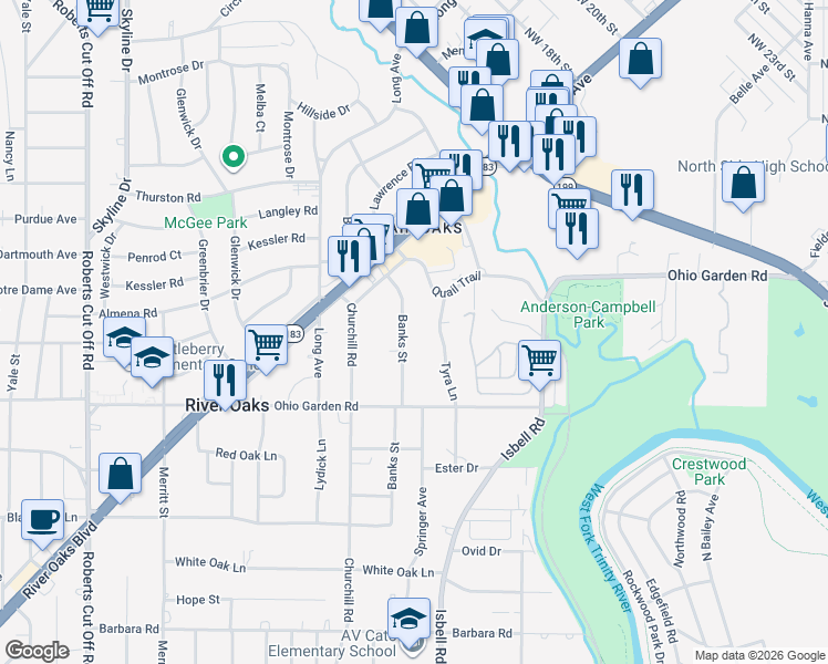 map of restaurants, bars, coffee shops, grocery stores, and more near 1220 Banks Street in River Oaks