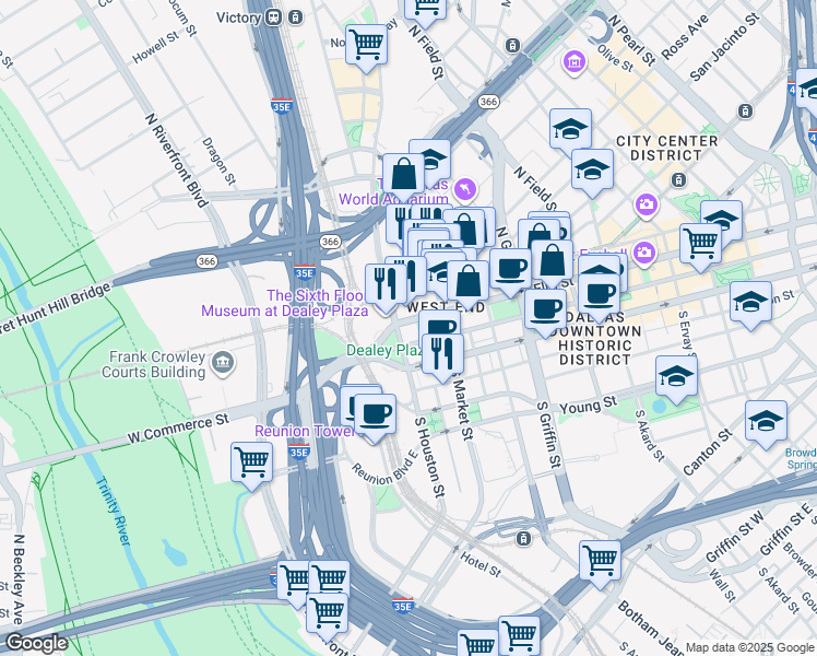 map of restaurants, bars, coffee shops, grocery stores, and more near 502 Elm Street in Dallas