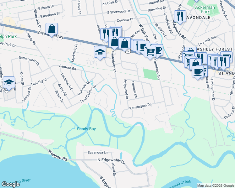 map of restaurants, bars, coffee shops, grocery stores, and more near 315 Canterbury Road in Charleston