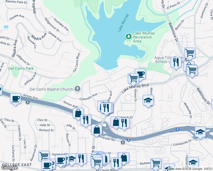 map of restaurants, bars, coffee shops, grocery stores, and more near 7001 Wyoming Avenue in La Mesa