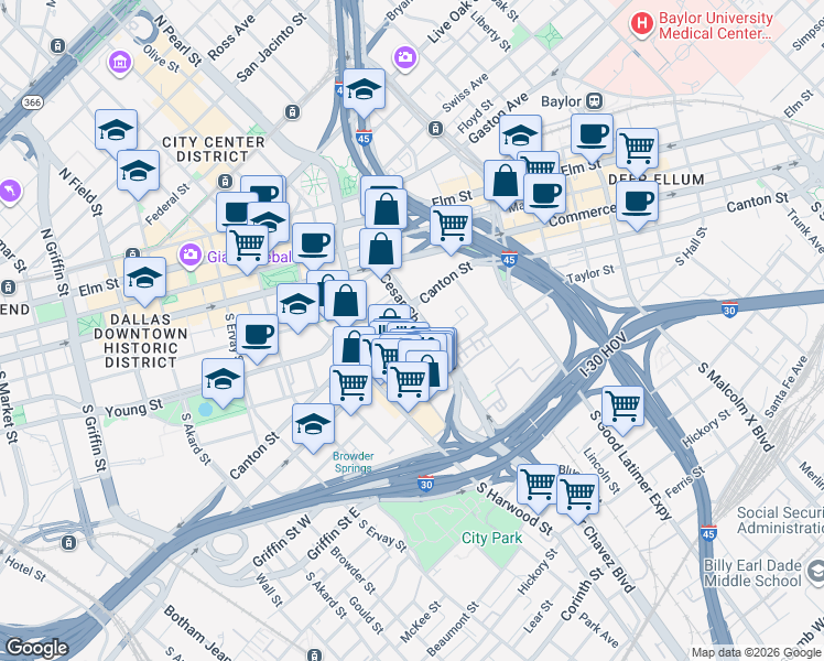 map of restaurants, bars, coffee shops, grocery stores, and more near 510 South Central Expressway in Dallas