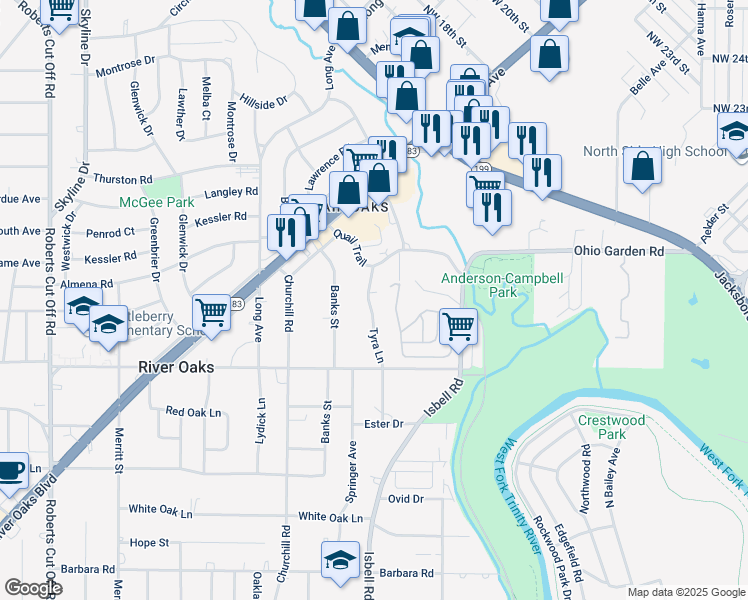 map of restaurants, bars, coffee shops, grocery stores, and more near 1140 Tyra Lane in Fort Worth