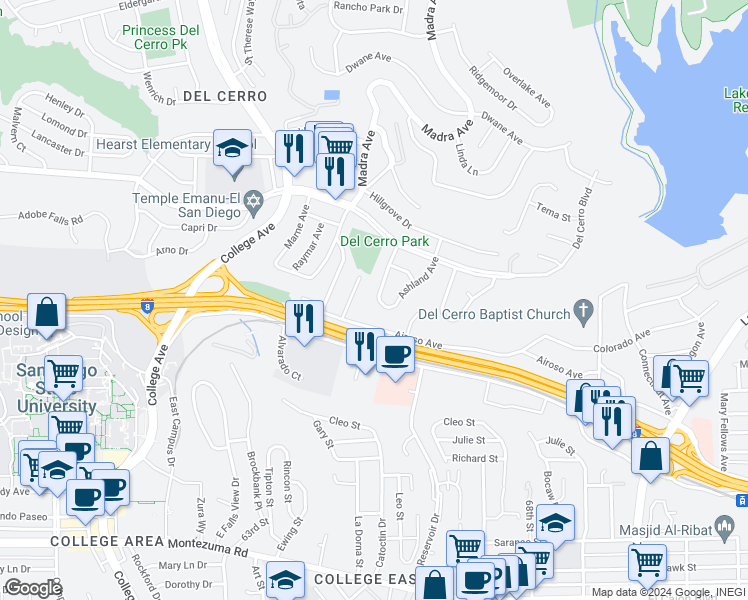 map of restaurants, bars, coffee shops, grocery stores, and more near 5618 Meredith Avenue in San Diego