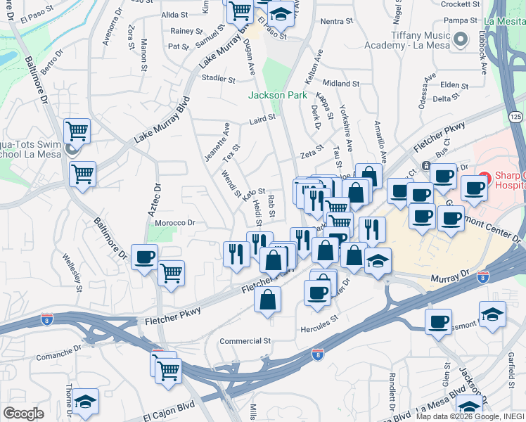 map of restaurants, bars, coffee shops, grocery stores, and more near 5545 Heidi St in La Mesa