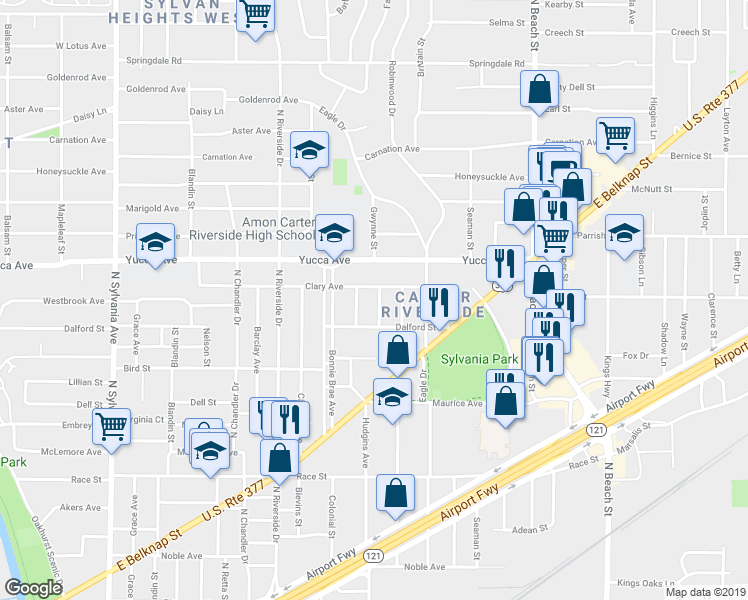 map of restaurants, bars, coffee shops, grocery stores, and more near 1121 Karnes Street in Fort Worth