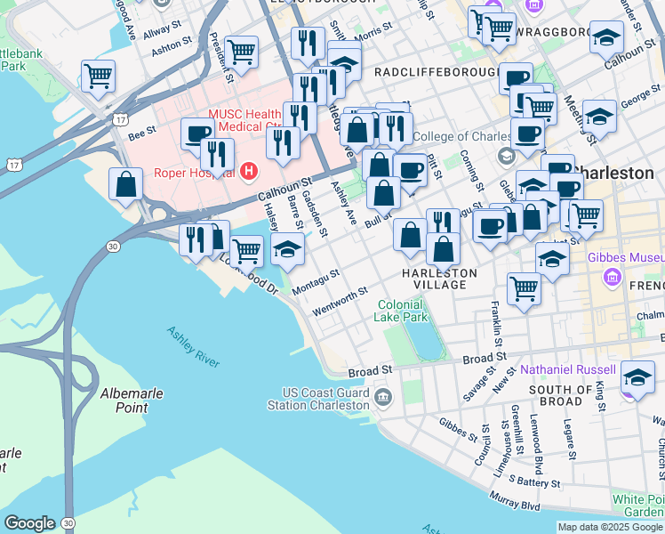 map of restaurants, bars, coffee shops, grocery stores, and more near 62 Montagu Street in Charleston