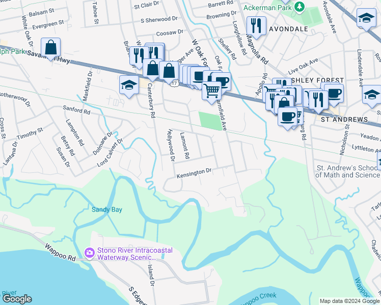 map of restaurants, bars, coffee shops, grocery stores, and more near 312 Lamont Road in Charleston
