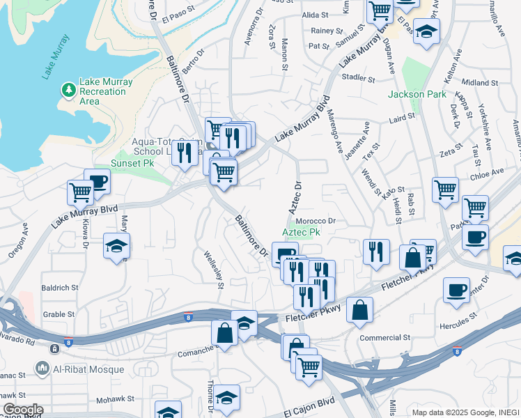 map of restaurants, bars, coffee shops, grocery stores, and more near 5405 Baltimore Drive in La Mesa