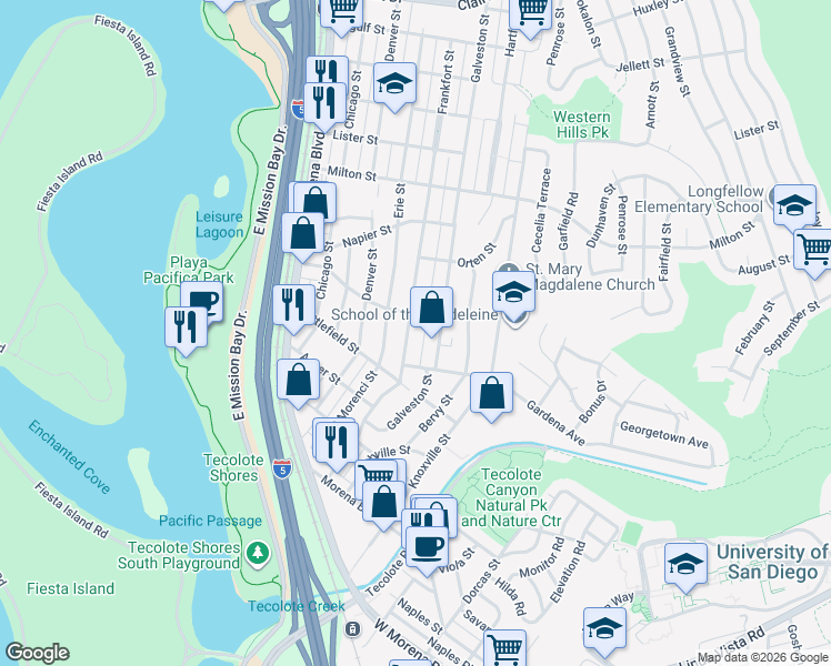map of restaurants, bars, coffee shops, grocery stores, and more near 1855 Frankfort Street in San Diego