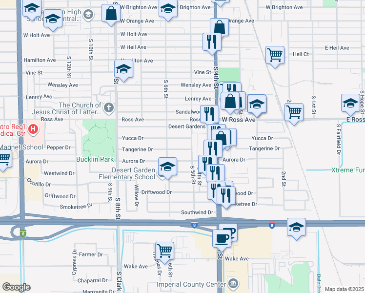 map of restaurants, bars, coffee shops, grocery stores, and more near 532 Tangerine Drive in El Centro