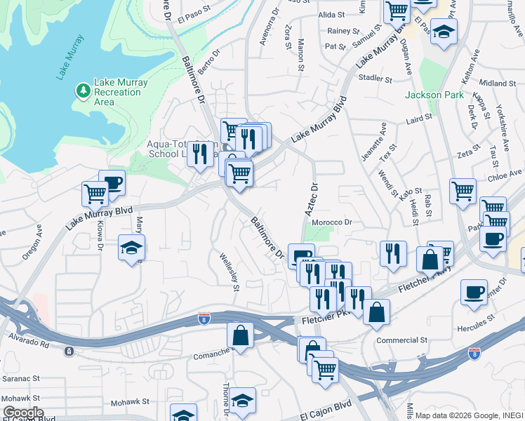 map of restaurants, bars, coffee shops, grocery stores, and more near 5455 Baltimore Drive in La Mesa