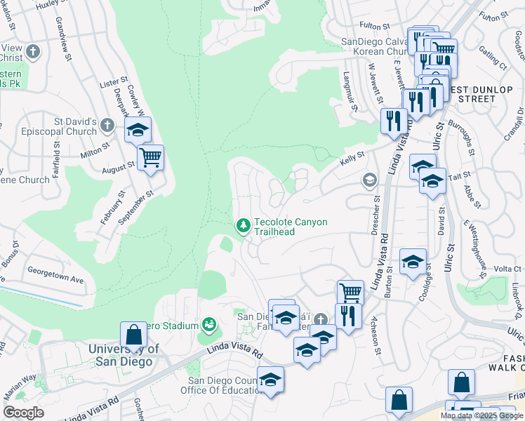 map of restaurants, bars, coffee shops, grocery stores, and more near 6378 Caminito Del Pastel in San Diego
