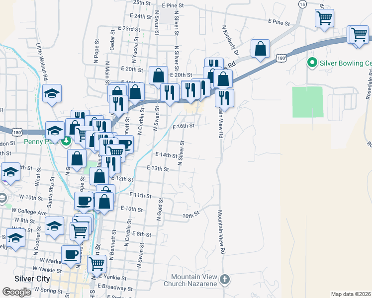 map of restaurants, bars, coffee shops, grocery stores, and more near 1409 N Silver St in Silver City