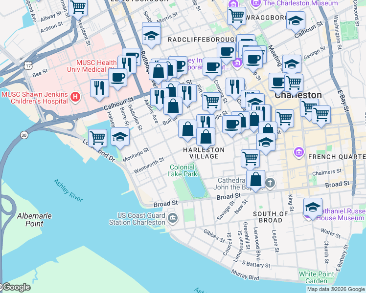 map of restaurants, bars, coffee shops, grocery stores, and more near 164 Wentworth Street in Charleston