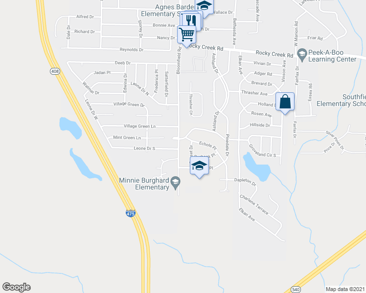 map of restaurants, bars, coffee shops, grocery stores, and more near 5926 Bloomfield Road in Macon