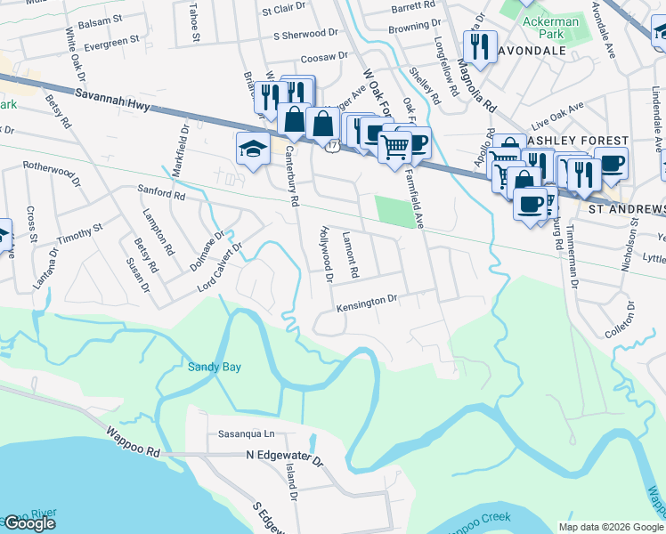 map of restaurants, bars, coffee shops, grocery stores, and more near 318 Hollywood Drive in Charleston