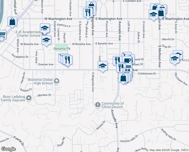 map of restaurants, bars, coffee shops, grocery stores, and more near 1130 South Magnolia Avenue in El Cajon