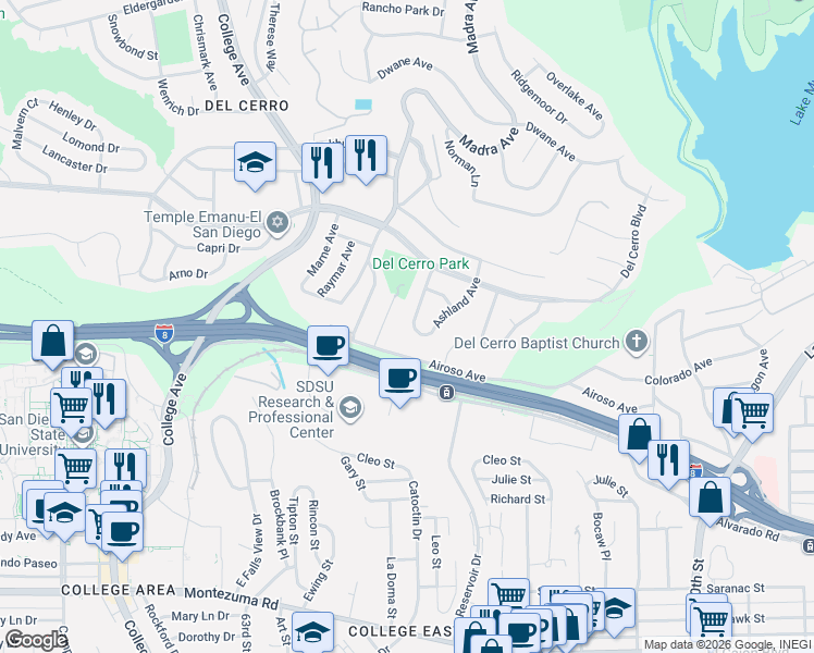 map of restaurants, bars, coffee shops, grocery stores, and more near 5618 Meredith Avenue in San Diego