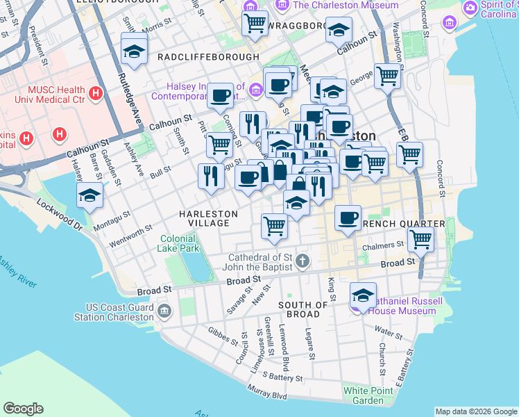 map of restaurants, bars, coffee shops, grocery stores, and more near in Charleston