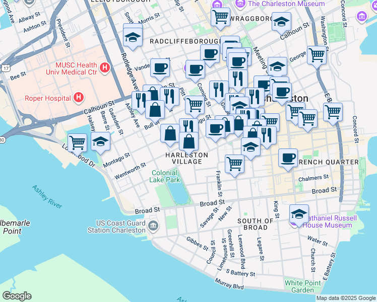 map of restaurants, bars, coffee shops, grocery stores, and more near 94 Beaufain Street in Charleston
