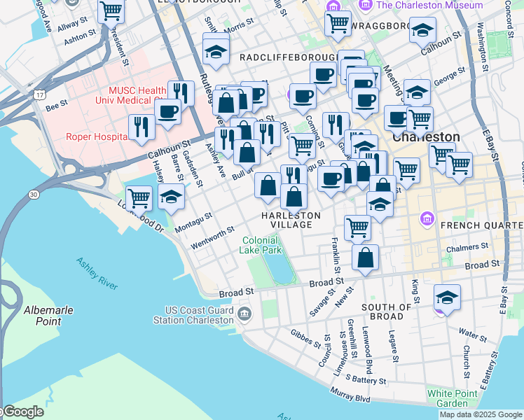 map of restaurants, bars, coffee shops, grocery stores, and more near 166 Wentworth Street in Charleston