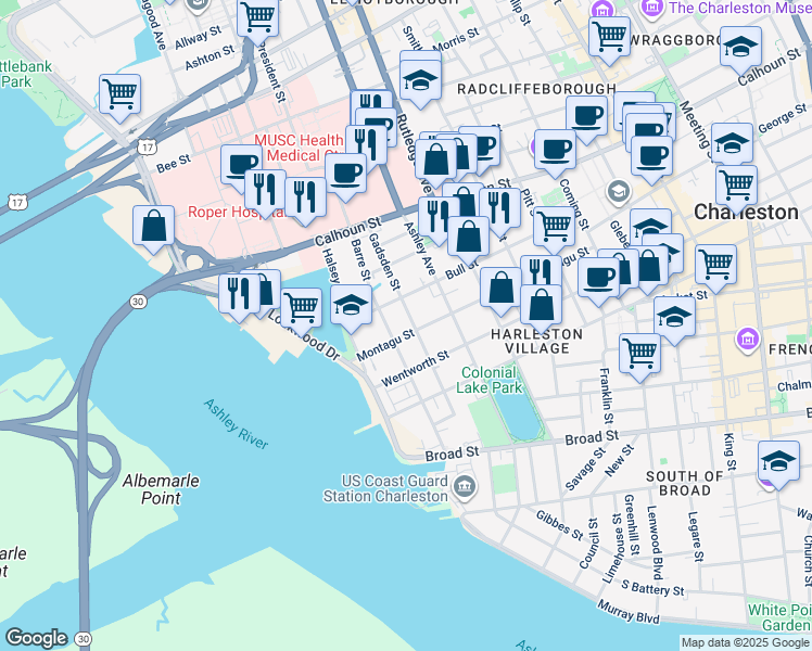 map of restaurants, bars, coffee shops, grocery stores, and more near 62 Montagu Street in Charleston