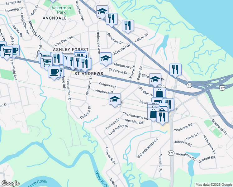 map of restaurants, bars, coffee shops, grocery stores, and more near 31 Campbell Drive in Charleston