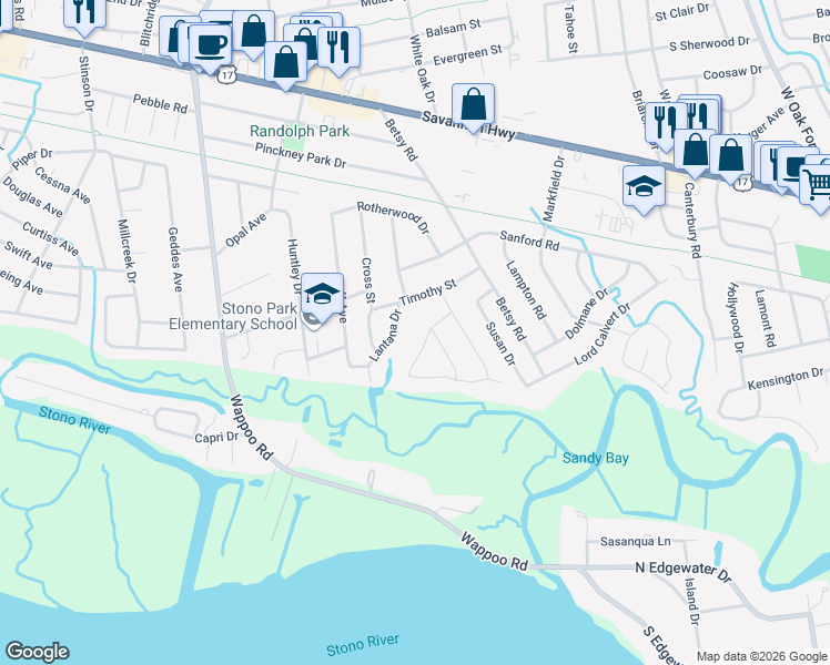 map of restaurants, bars, coffee shops, grocery stores, and more near 327 McClain Street in Charleston