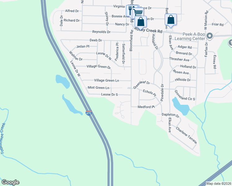 map of restaurants, bars, coffee shops, grocery stores, and more near 5984 Village Green Drive in Macon