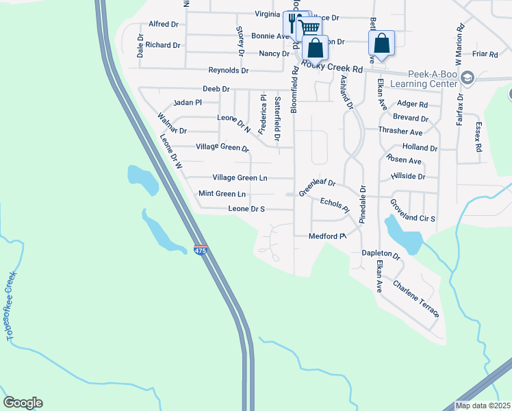 map of restaurants, bars, coffee shops, grocery stores, and more near 5984 Village Green Drive in Macon