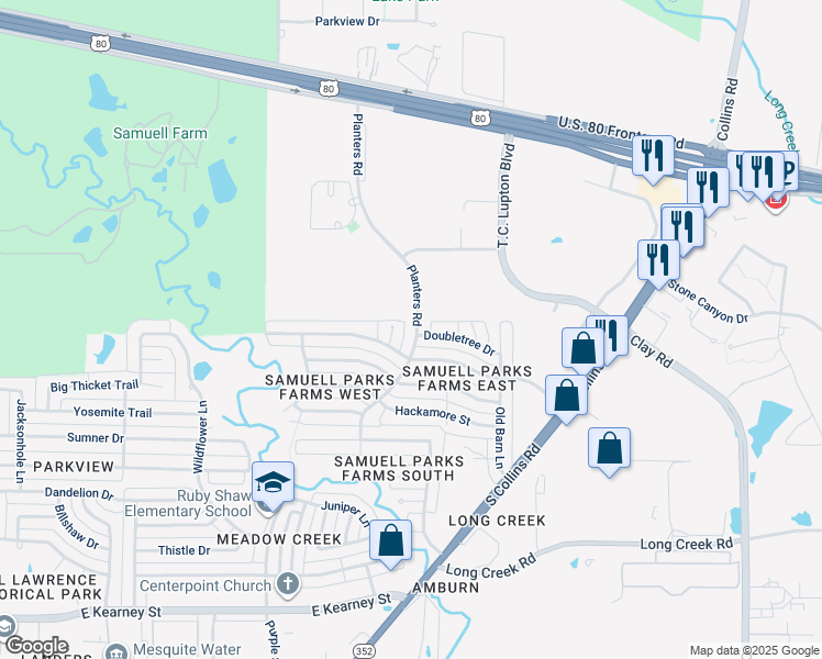 map of restaurants, bars, coffee shops, grocery stores, and more near 1325 Planters Road in Mesquite