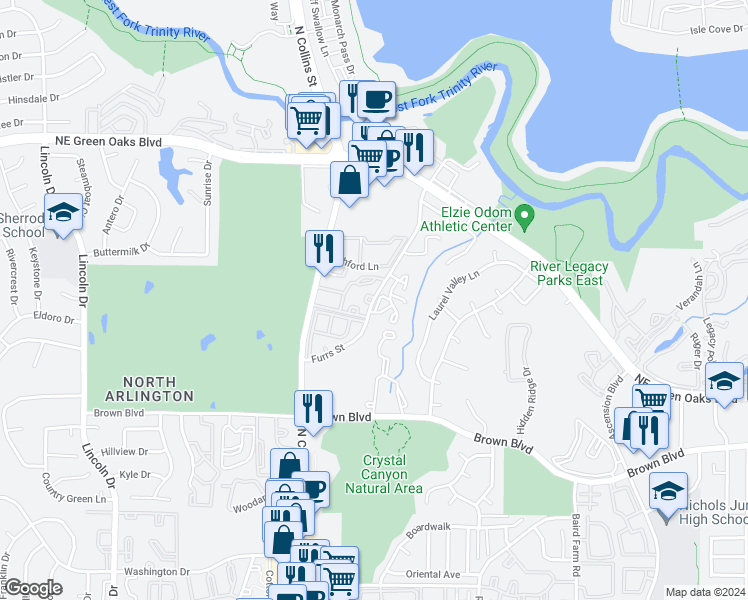 map of restaurants, bars, coffee shops, grocery stores, and more near 2714 Trinity Bend Circle in Arlington