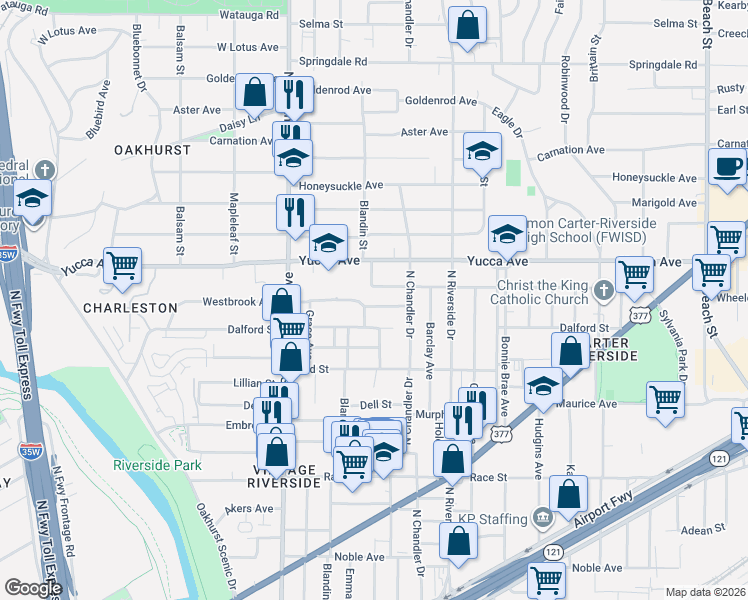 map of restaurants, bars, coffee shops, grocery stores, and more near 2905 Westbrook Avenue in Fort Worth