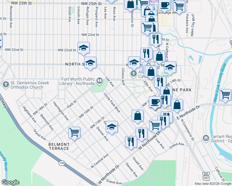 map of restaurants, bars, coffee shops, grocery stores, and more near 1624 Circle Park Boulevard in Fort Worth
