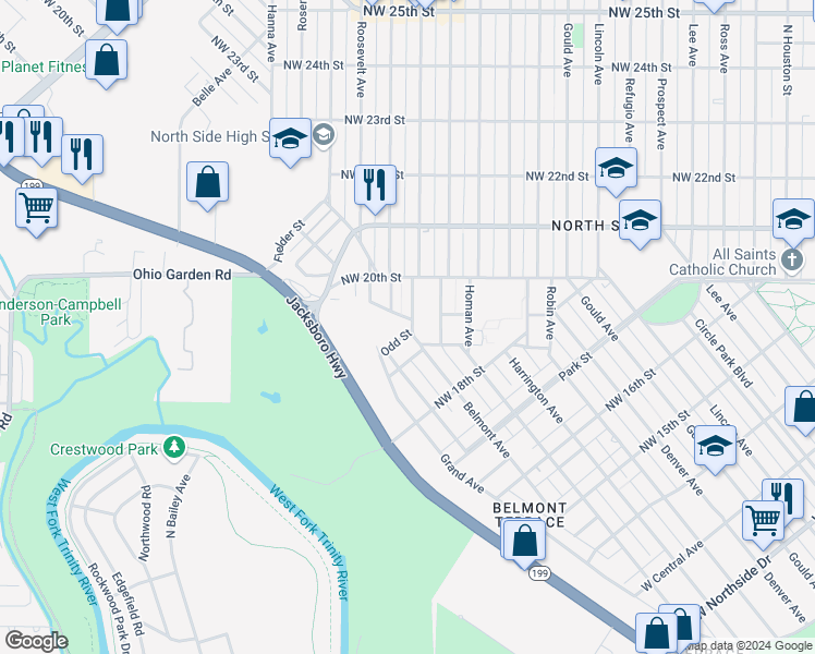 map of restaurants, bars, coffee shops, grocery stores, and more near 1907 Belmont Avenue in Fort Worth