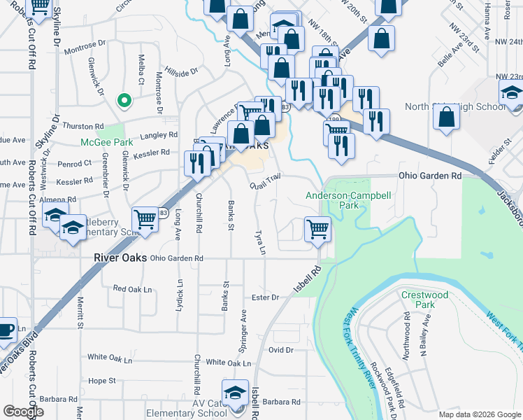 map of restaurants, bars, coffee shops, grocery stores, and more near 1140 Tyra Lane in Fort Worth
