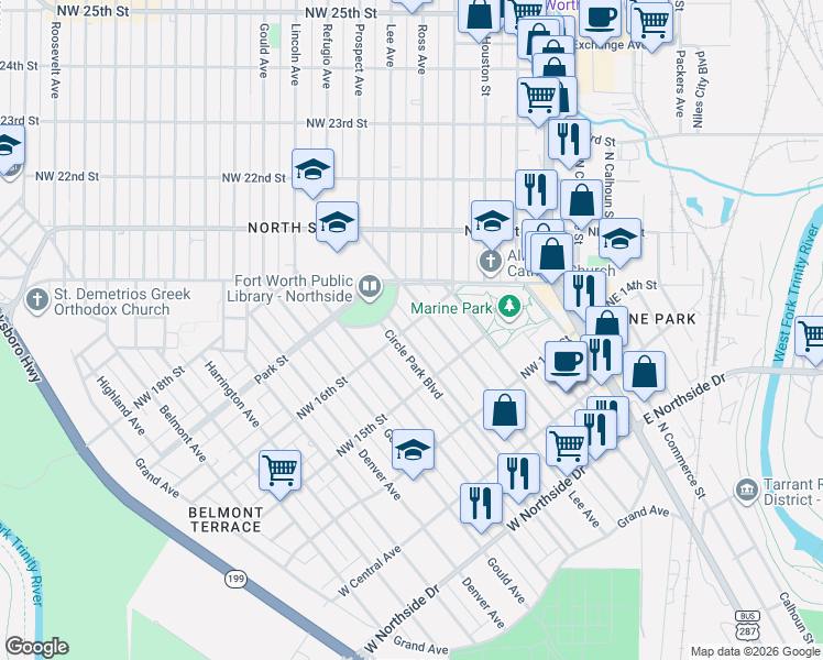 map of restaurants, bars, coffee shops, grocery stores, and more near 1624 Circle Park Boulevard in Fort Worth