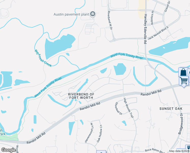 map of restaurants, bars, coffee shops, grocery stores, and more near 405 Forest River Ct in Fort Worth