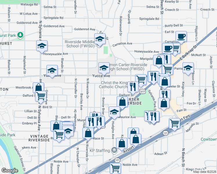 map of restaurants, bars, coffee shops, grocery stores, and more near 1122 Bonnie Brae Avenue in Fort Worth