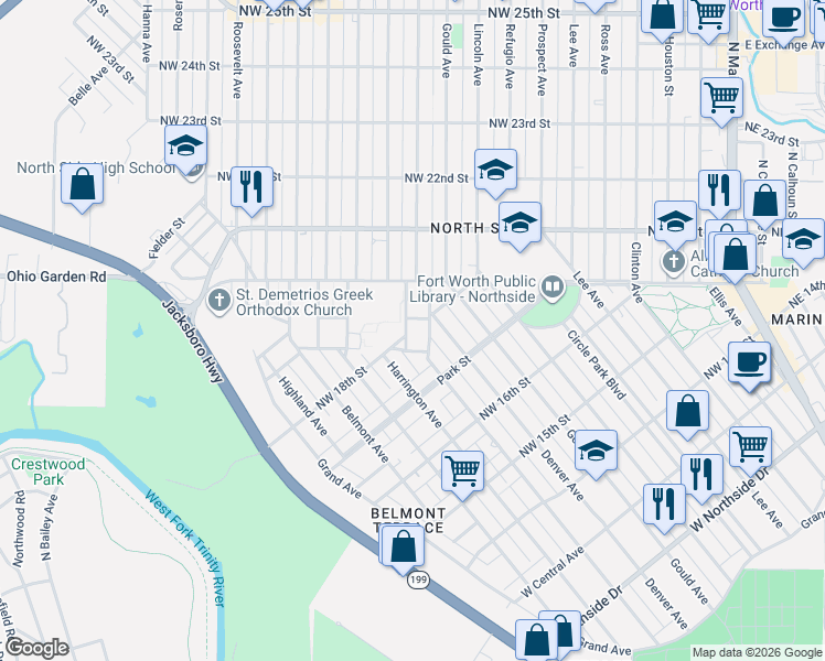 map of restaurants, bars, coffee shops, grocery stores, and more near 1858 Lagonda Avenue in Fort Worth