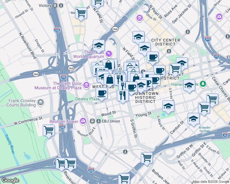 map of restaurants, bars, coffee shops, grocery stores, and more near Main Street in Dallas
